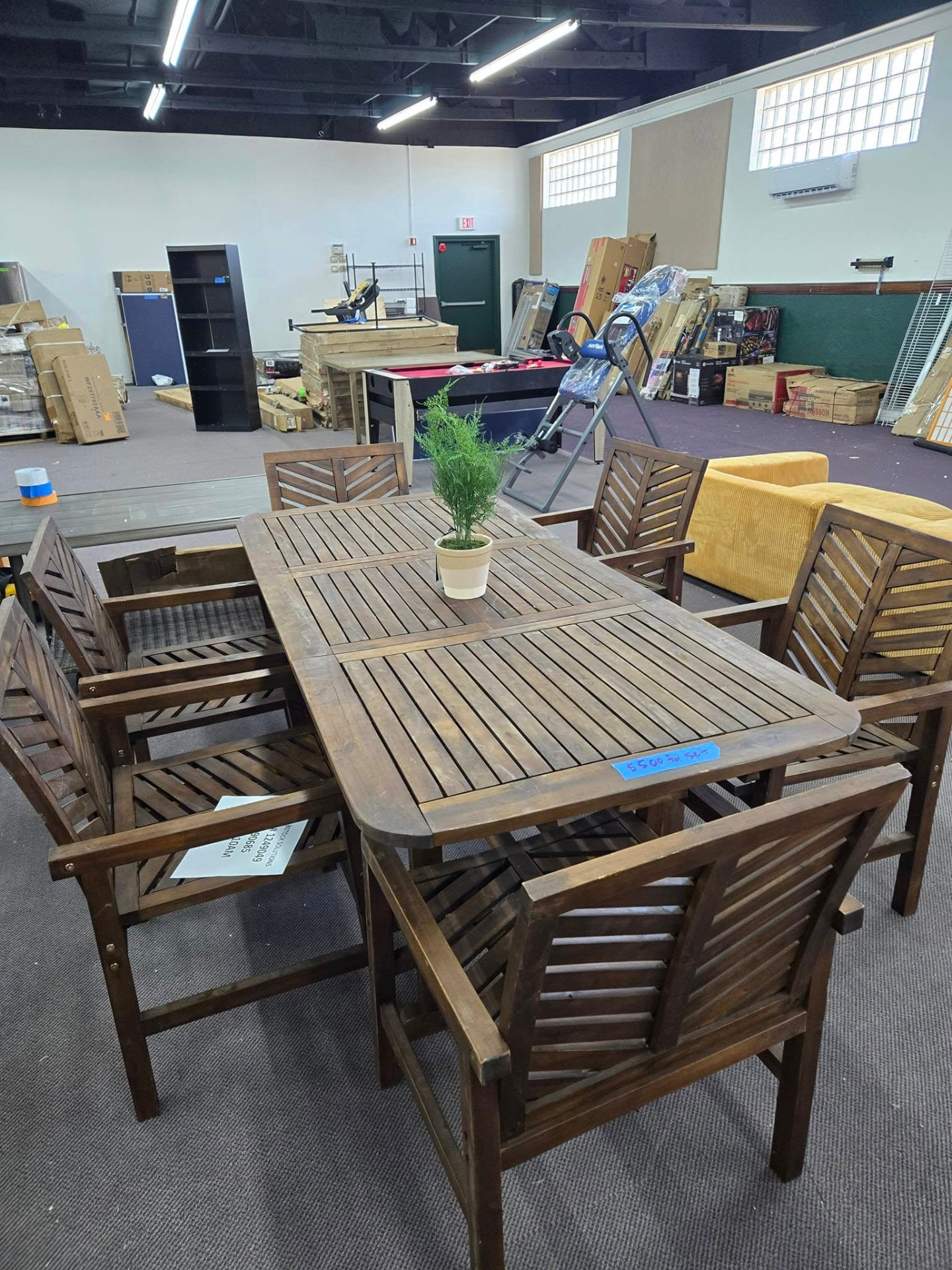 Wooden outdoor patio dining set with six chairs