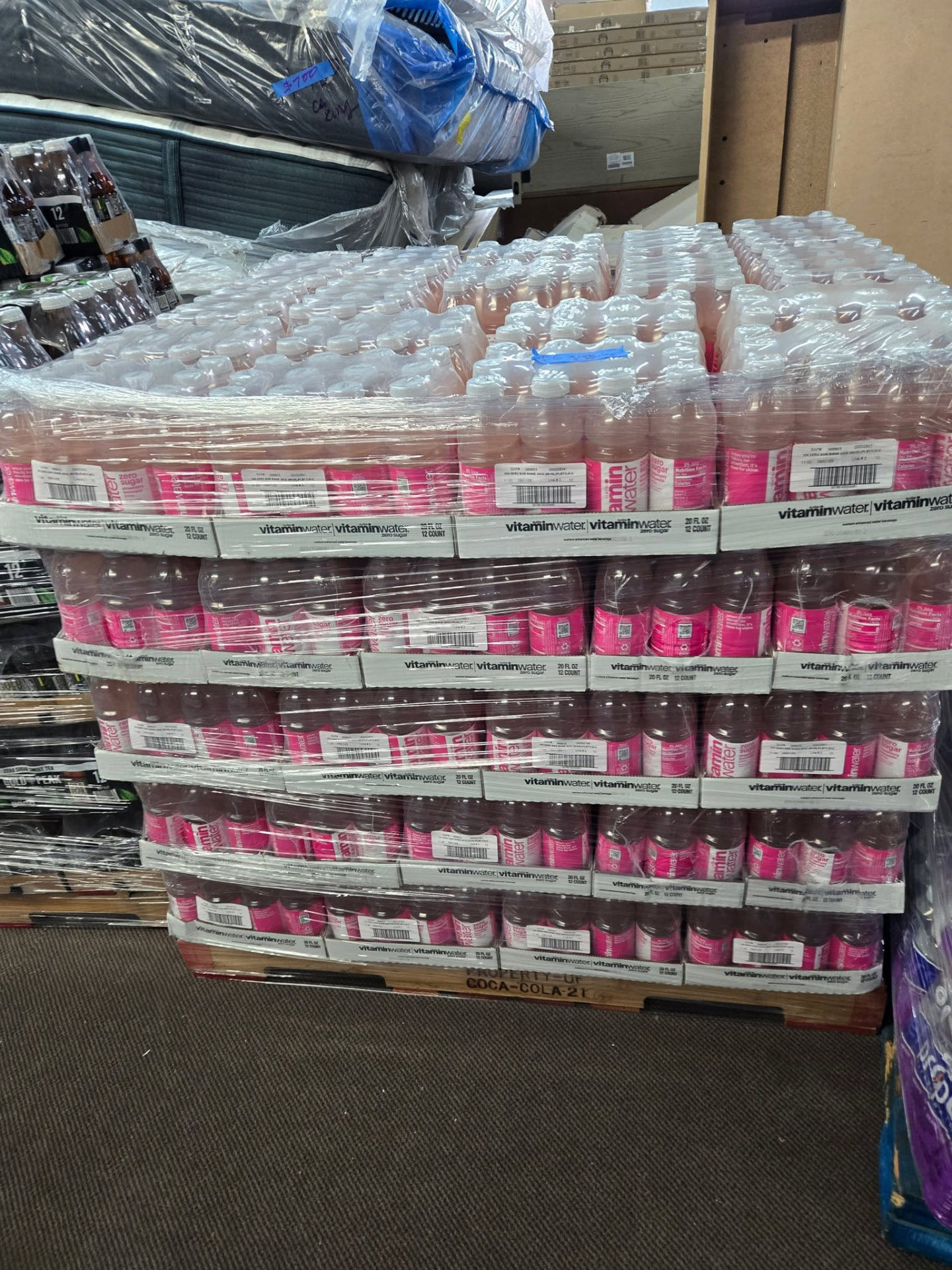 Pallet of vitaminwater zero sugar drinks wrapped in plastic